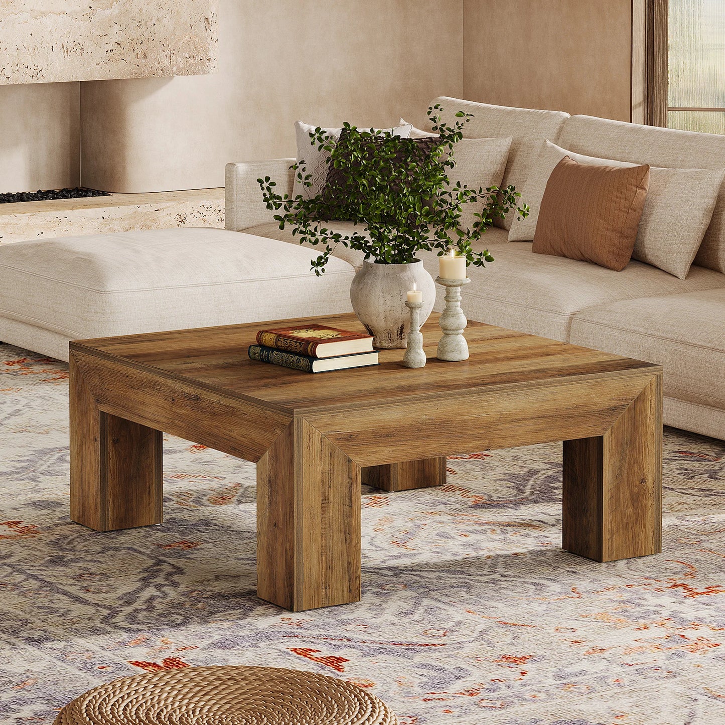 39.4-Inch Square Coffee Table for Living Room, Farmhouse  Cocktail Table with Sturdy Wooden Legs