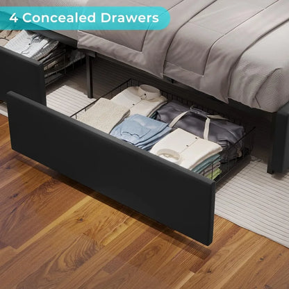 Queen Size Platform Bed  with Artificial Leather Headboard with 4 Storage Drawers Underneath
