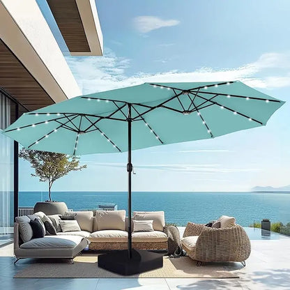 15ft Large Patio Umbrella with Solar Lights, Double-Sided Outdoor Market Rectangle Umbrellas with 36 LED Lights, Umbrella Base