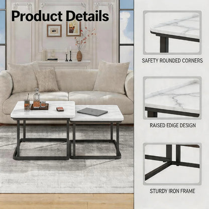 Square Nesting Coffee Tables Set Of 2, Space Saving Small End Table Set For Living Room Bedroom Balcony, Fluted Side Tables Set