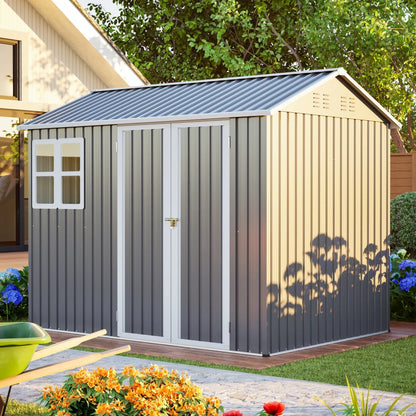 8'x6' Large Steel Storage Shed with Window, Lockable Doors and Sloped Roof, Heavy Duty Outdoor Tool Shed for Garden, Patio,
