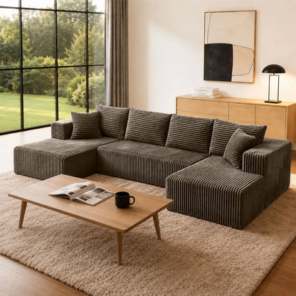 132in Modular U-Shaped Sectional Sofa with Double Chaise Lounges, 8-Piece Corduroy Oversized Pit Couch, Seats 6 People, Large U Style Floor Sofa for Living Room Family Gathering
