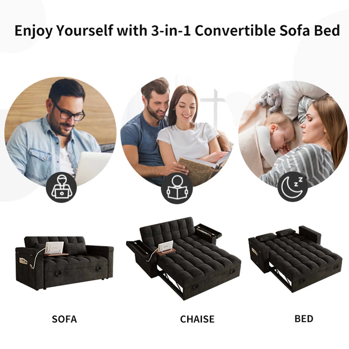 3-in-1 Foldable Velvet Sofa Bed with USB Charging Port, Table Board and Storage Armrests, Adjustable Backrest Sleeper Couch for Living Room Apartment Guest Room, Black