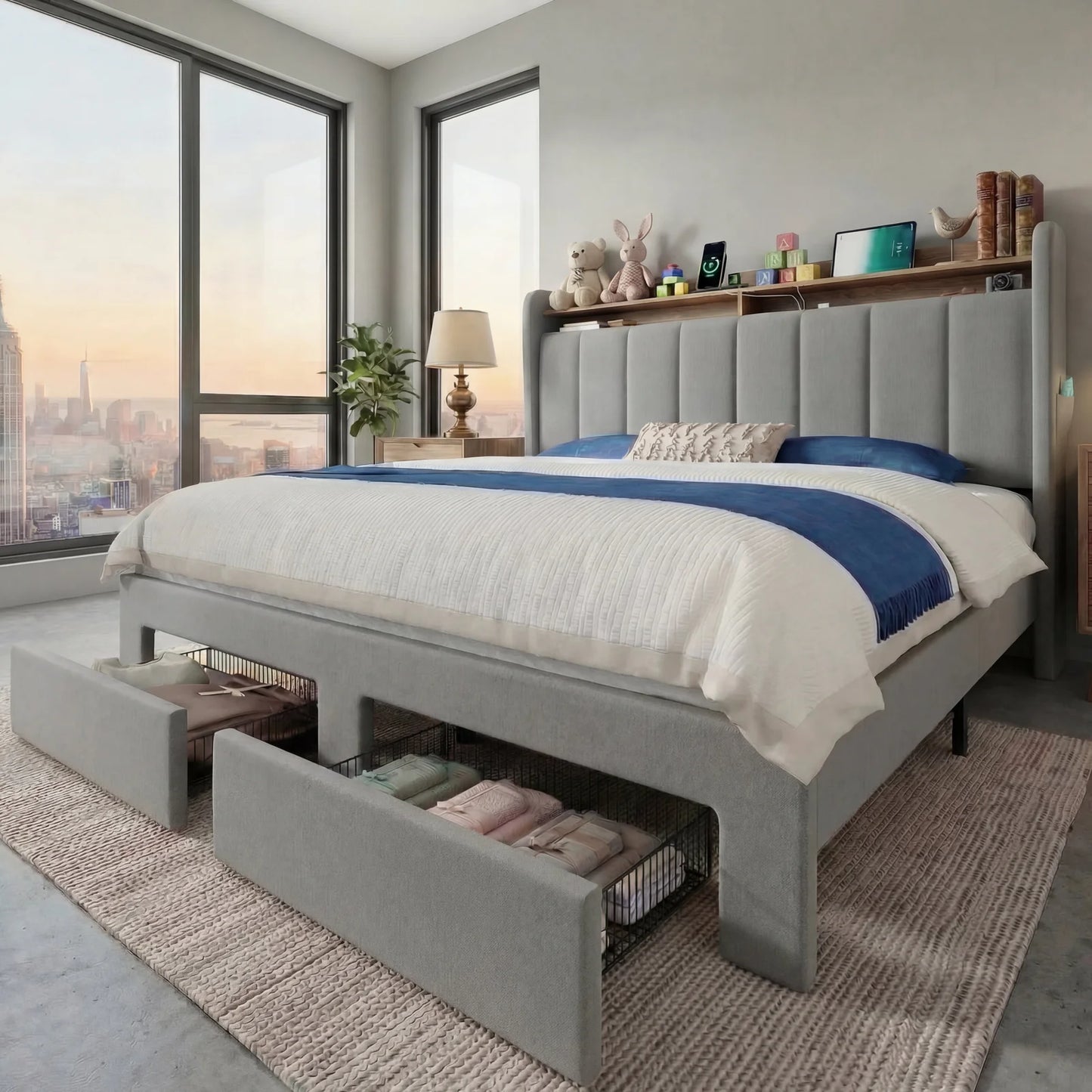Beautiful Bed Frame, 2 Storage Drawers/2-Tier Shelves with LED Lights & Charging Station, No Box Spring Need, Full/Queen/King