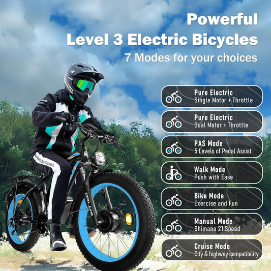 TS60 5000W Dual Motor E-Bike, 45MPH Mountain AWD 21-Speed with 26" x 4.0 Fat Tire