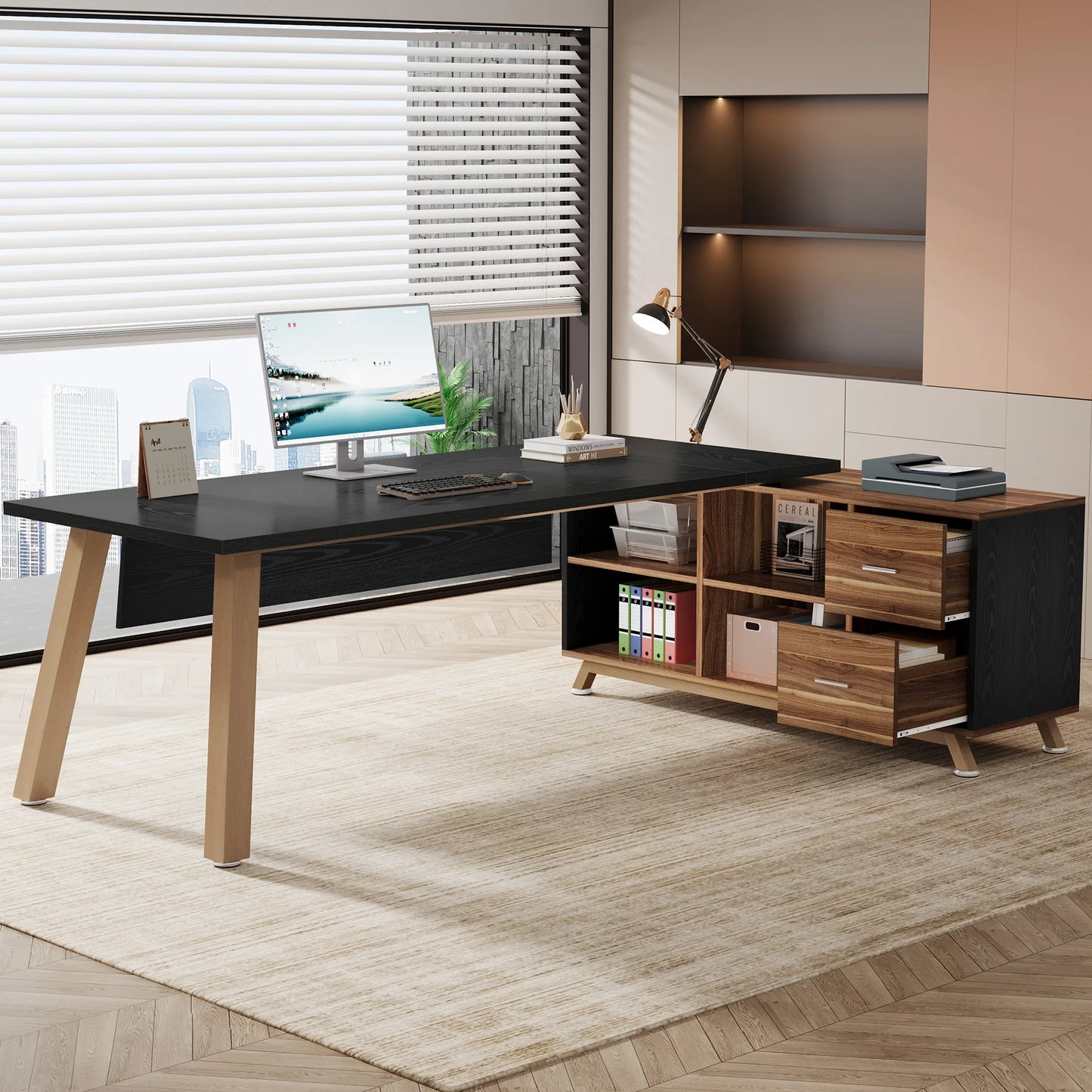 Large L-Shaped Office  Desk with 55-Inch Cabinet  Storage Shelves