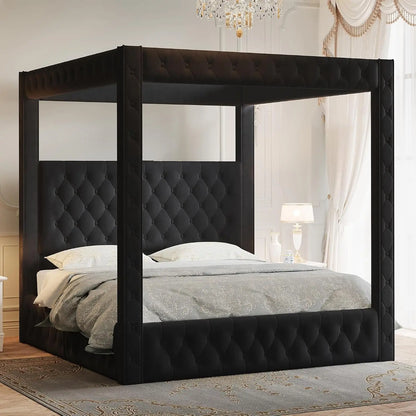 King Canopy Bed Frame Velvet Upholstered Deep-tufted Headboard 74.8" Tall Four Poster USB-A & USB-C Outlets
