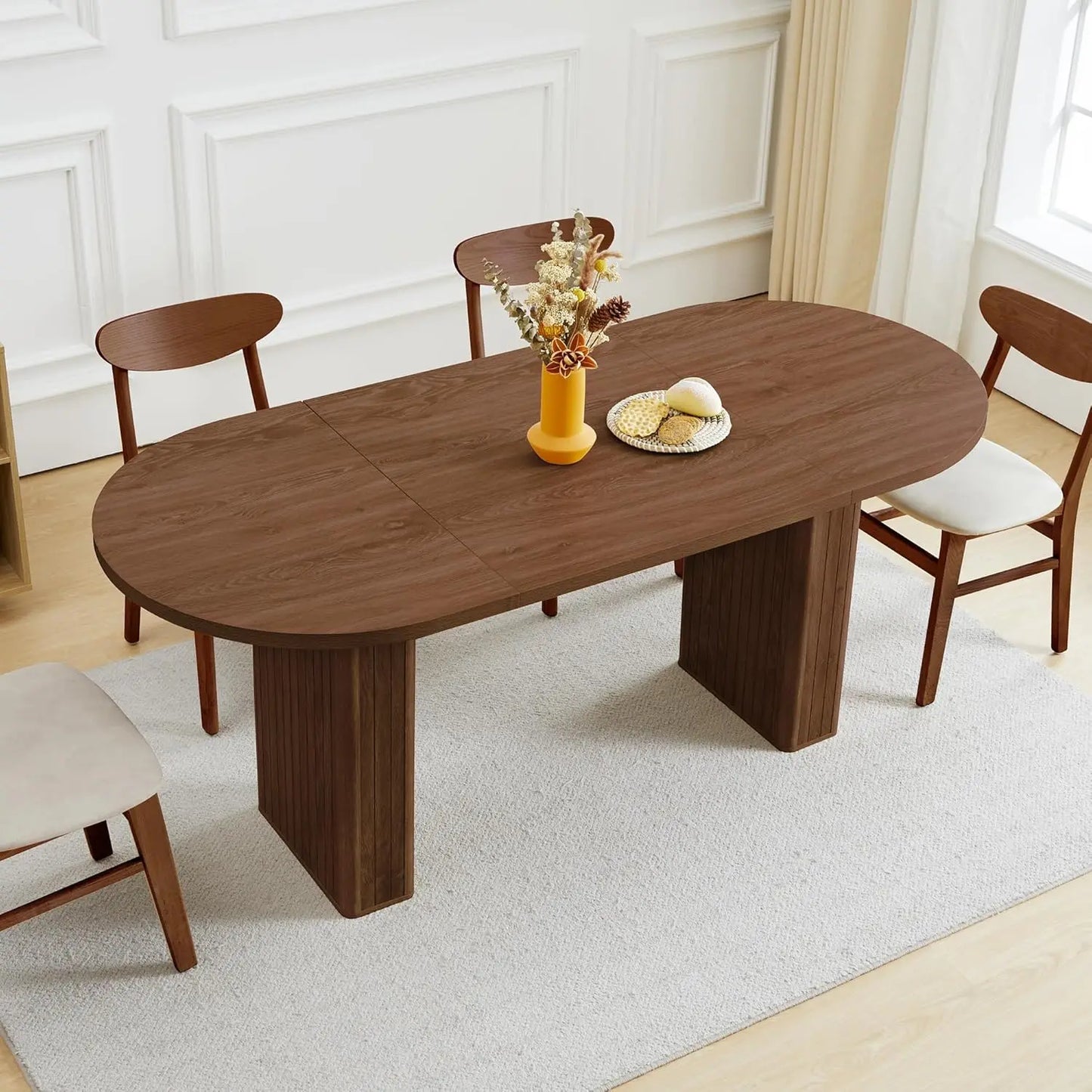 Round Fluted Base Modern Oval Expandable Kitchen Dining Table ,41-78in Seats 4-8