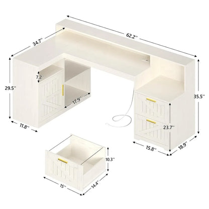 62.2" Farmhouse L Shaped Home Office Desk, Drawers, Storage Shelves & Power Outlet