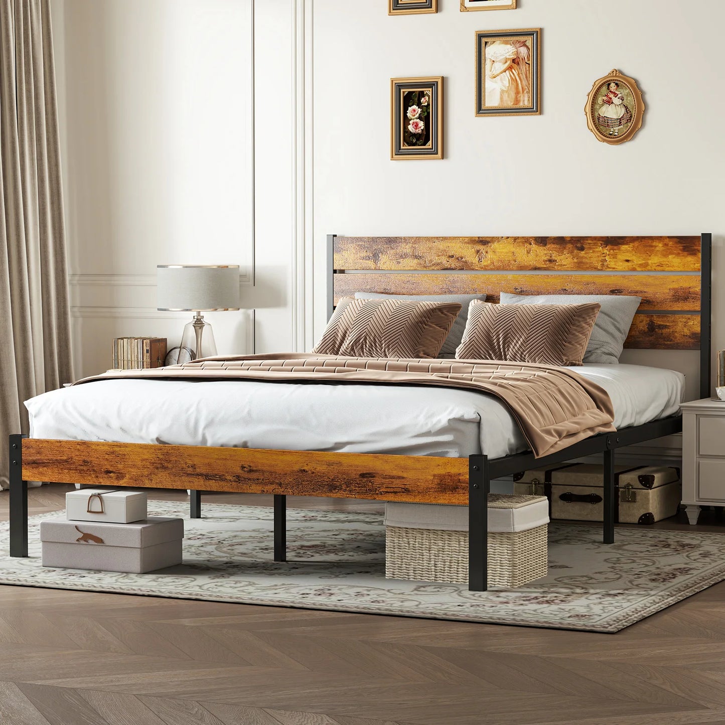 Wooden Headboard and Metal Platform Bed Frame No Box Spring Needed with 700LBS Sturdy Wooden Slats Support For Home