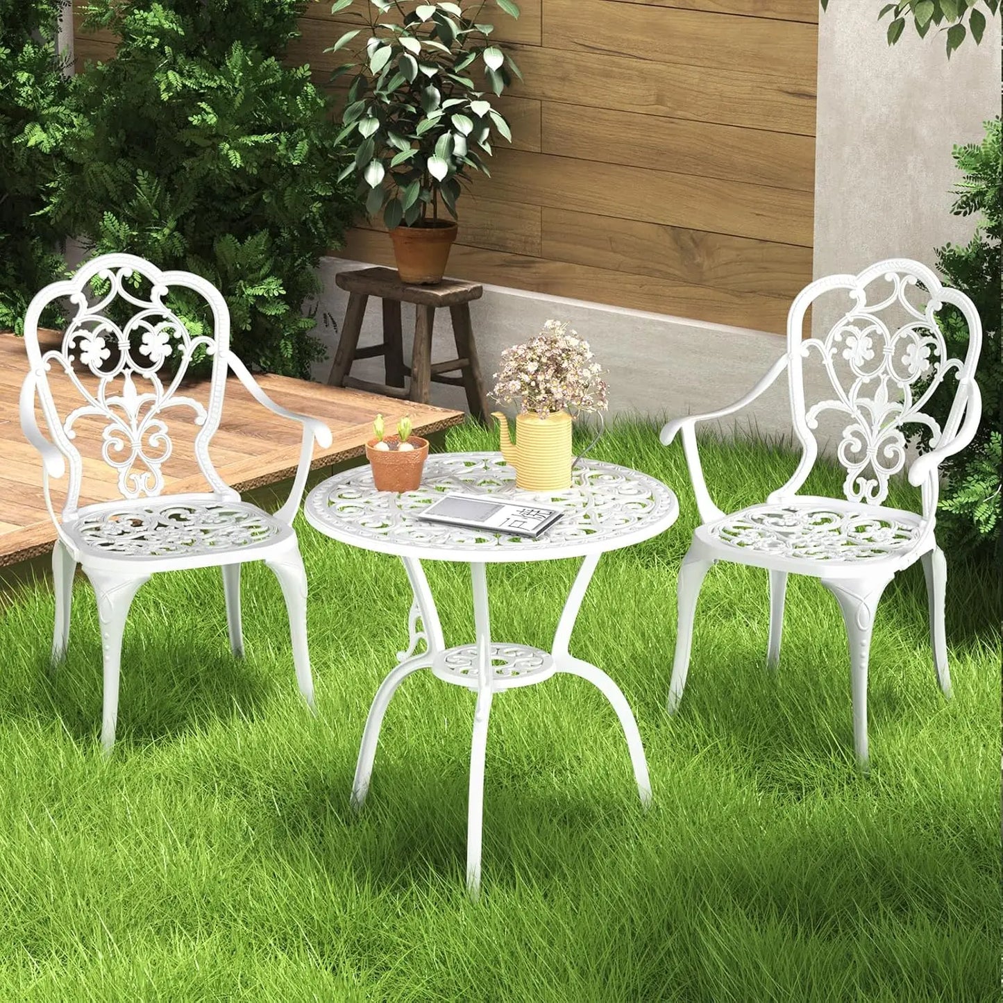 Cast Aluminum Bistro Set 3pc Table & Chairs w/Umbrella Hole Outdoor Patio Garden Lawn, Customized