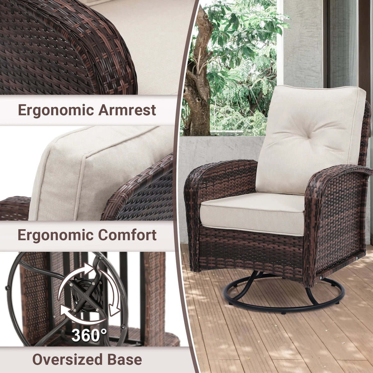 Swivel Wicker Chairs With Side Table Outdoor Patio Furniture Set Washable Thick Cushion For Balcony Deck Garden
