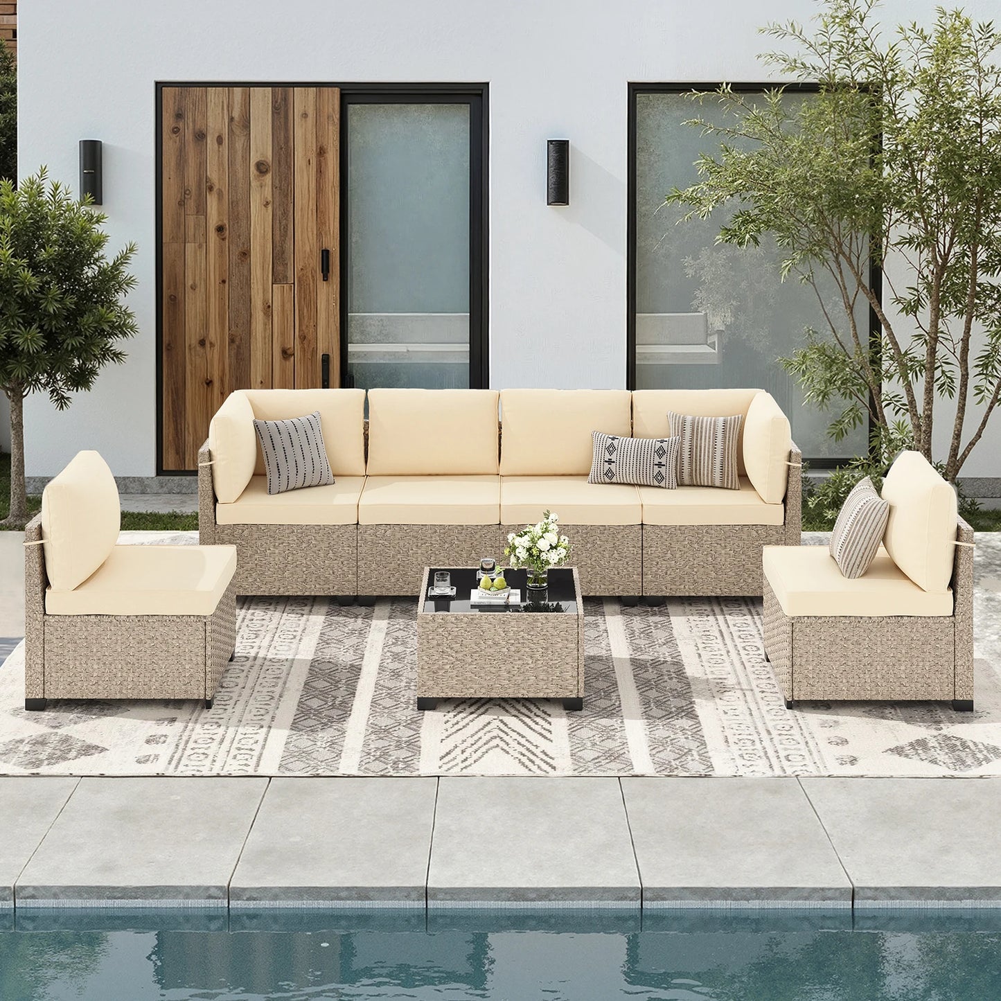 7-Piece Patio Furniture Set, Outdoor Rattan Sectional Sofa with Tempered Glass Table, All-Weather, for Garden, Porch, Backyard