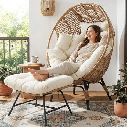 Indoor Outdoor Egg Chair with Ottoman Thick Cushioned Lounge w/Footrest 440lbs for Patio Balcony Bedroom Sunroom, Customized