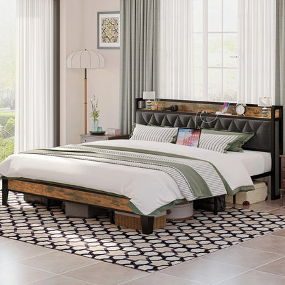 Twin/TwinXL/Full/Queen/King/California King Bed Frames, Storage Headboard with Outlets,  No Box Springs Needed