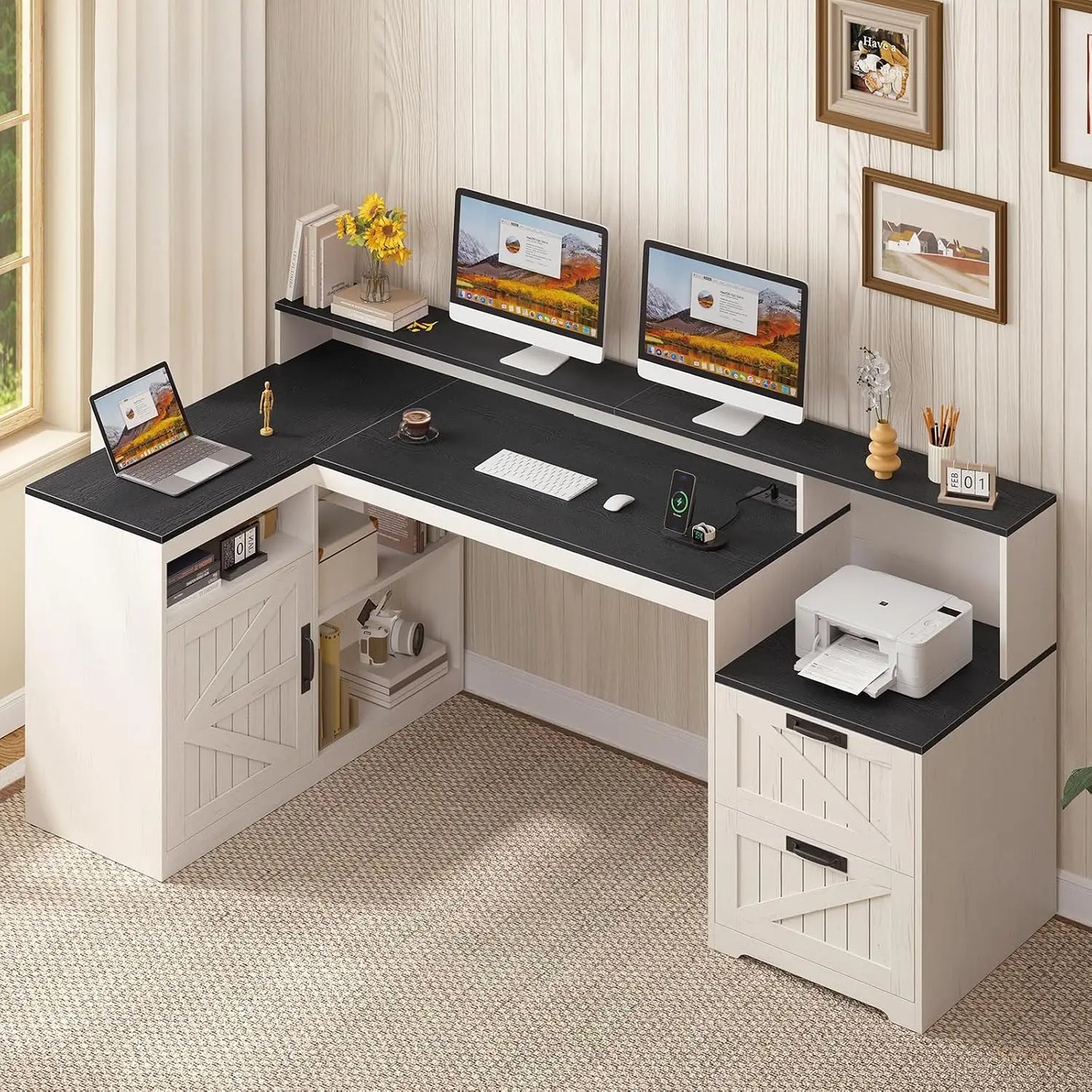 62.2" Farmhouse L Shaped Home Office Desk, Drawers, Storage Shelves & Power Outlet