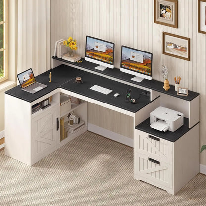 62.2" Farmhouse L Shaped Home Office Desk, Drawers, Storage Shelves & Power Outlet