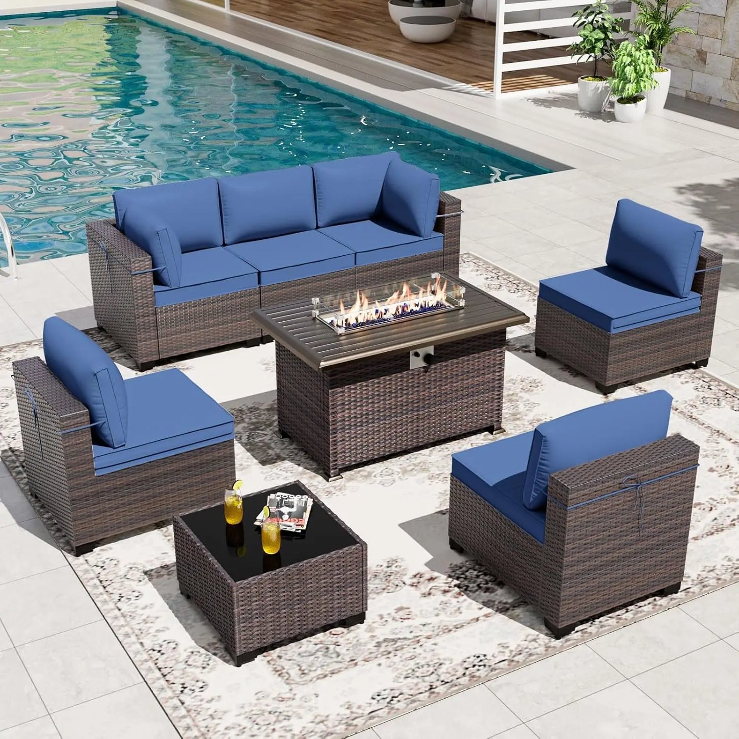 8 Pieces Patio Furniture Set with Fire Pit Table, All Weather Rattan Outdoor Furniture with 29.5'' High Backrest, Customized