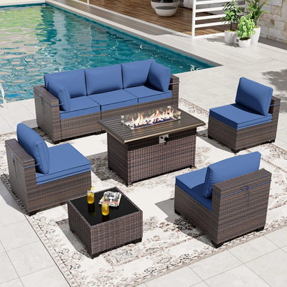 8 Pieces Patio Furniture Set with Fire Pit Table, All Weather Rattan Outdoor Furniture with 29.5'' High Backrest, Customized