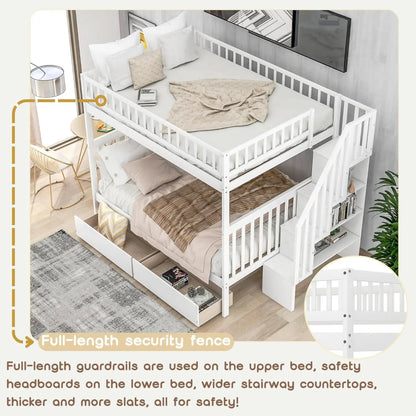 Full Over Full Bunk Bed with Drawers Stairs Storage Shelves Wood Frame for Kids Teens Adults Bedroom Furniture, Customized