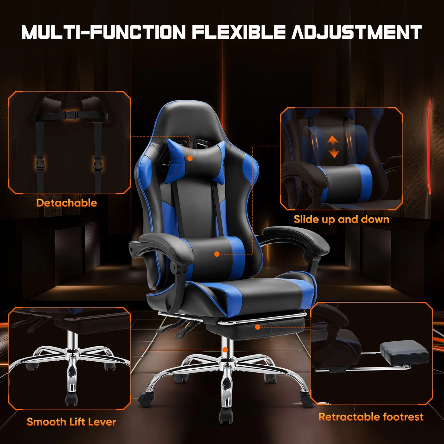 Adjustable Leather Gaming Chair with Headrest & Lumbar Support