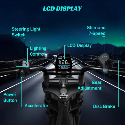 1500W e-bike, 20" fat tires, 60-100mile range, 28MPH, 48V 15Ah battery, for all terrains.