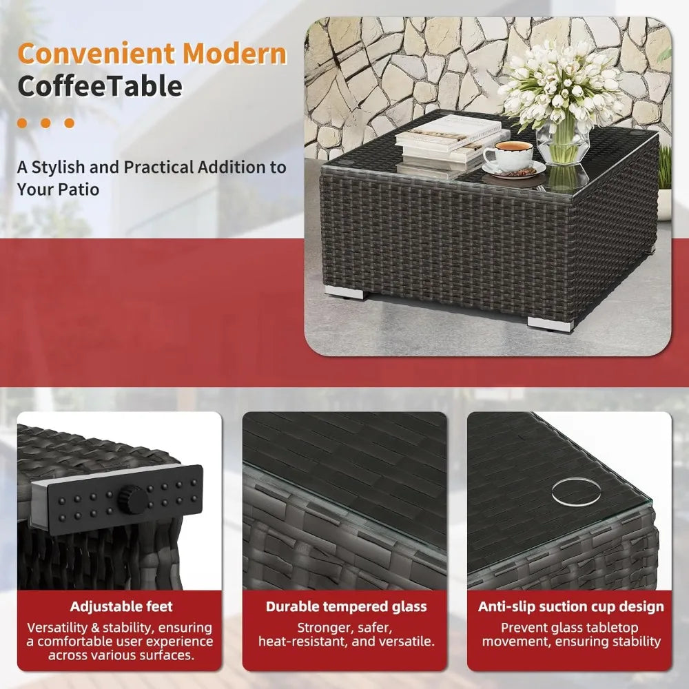 Black Rattan Wicker Sectional  Outdoor Patio Furniture Sofa Set  with Glass Top Table and Cushions (Red)