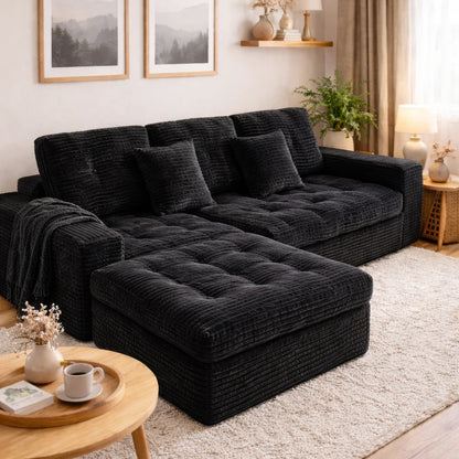 105 Inch Modular Cloud Sofa Set, DIY Convertible Sectional Couch with Movable Ottoman, Pure High Density Foam Cushion, Plush Faux Rabbit Fur Velvet Upholstered Deep Seat Sofa for Modern Living Room Apartment Small Space Famil