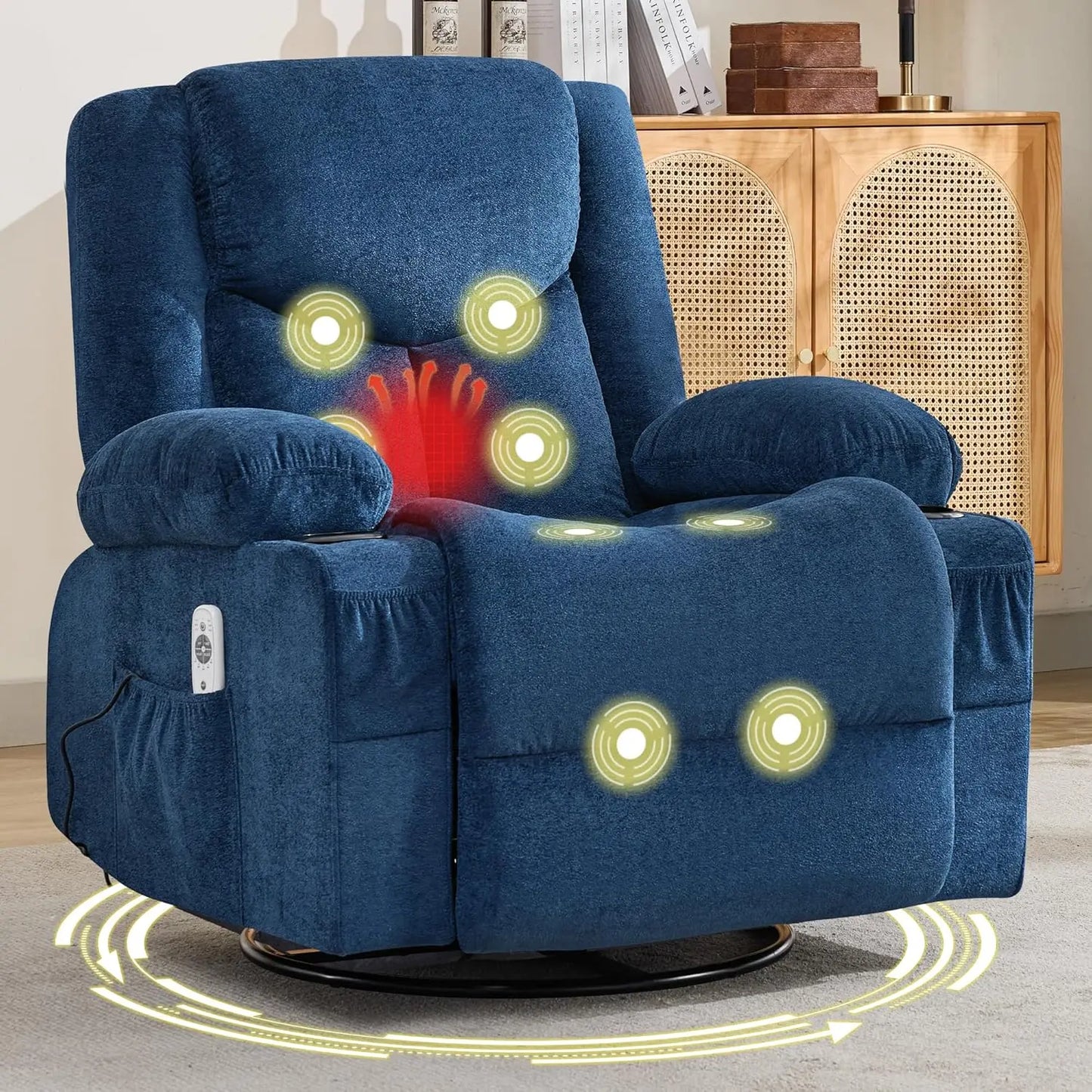 Swivel Recliner Chair w/ Massage & Heat, Rocker, Side Pocket & 2 Cup Holders