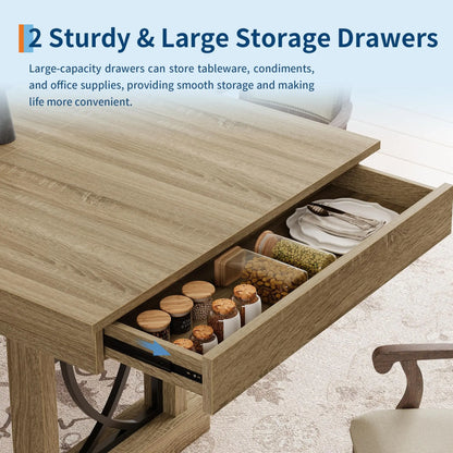 71 Inch Dining Table For 6-8, Large Rectangular Kitchen Table With 2 Storage Drawers, Double Pedestal Wood Table For Dining Room
