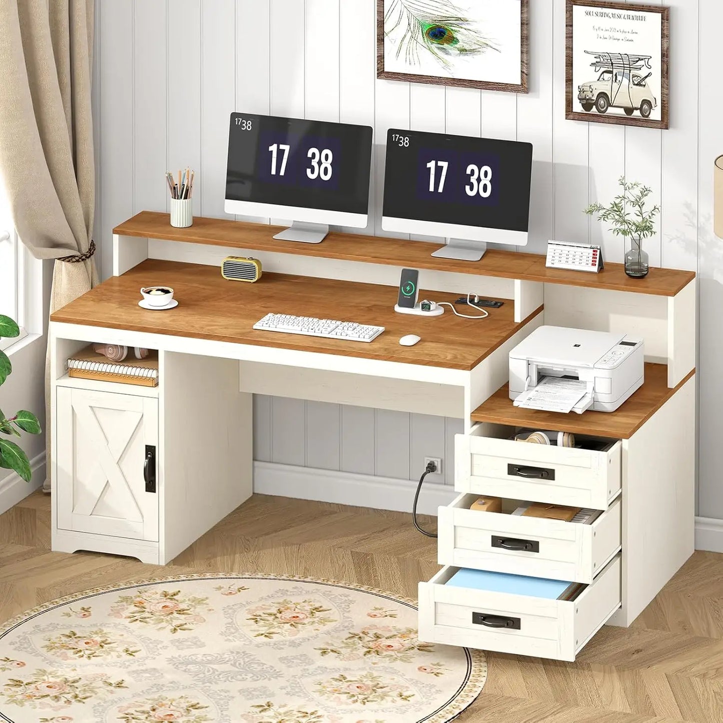 65'' Home Office Desk with Power Outlets, Storage Cabinet and Printer Stand