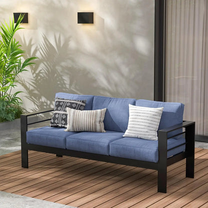 All-Weather Outdoor 3 Seats Couch, Black Metal Chair with Light Grey Cushions