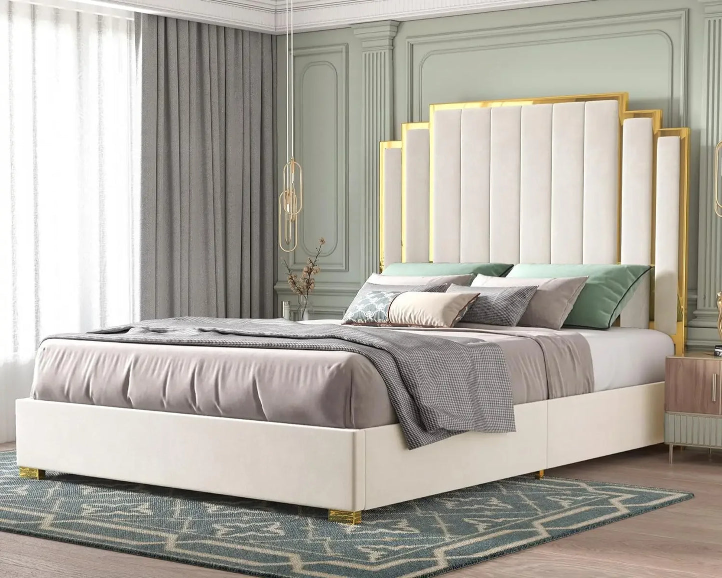King Size Bed Frame, Upholstered  with Golden Plating Trim,