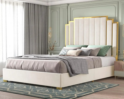 King Size Bed Frame, Upholstered  with Golden Plating Trim,