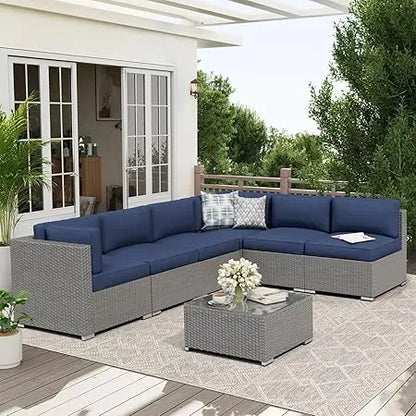 Black Rattan Wicker Sectional  Outdoor Patio Furniture Sofa Set  with Glass Top Table and Cushions (Red)